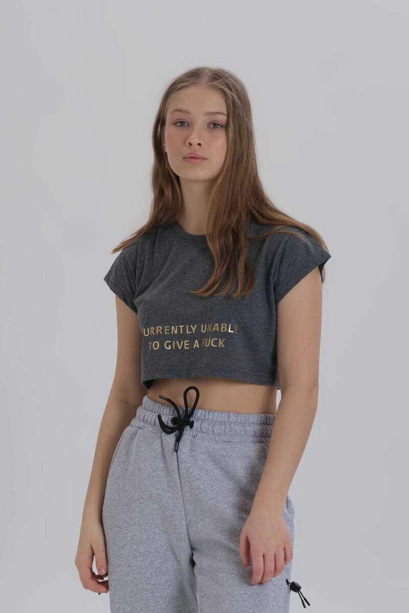 DAVID&GERENZO - Antrasit Kadın Parlak Baskı Detay Crop T-shirt