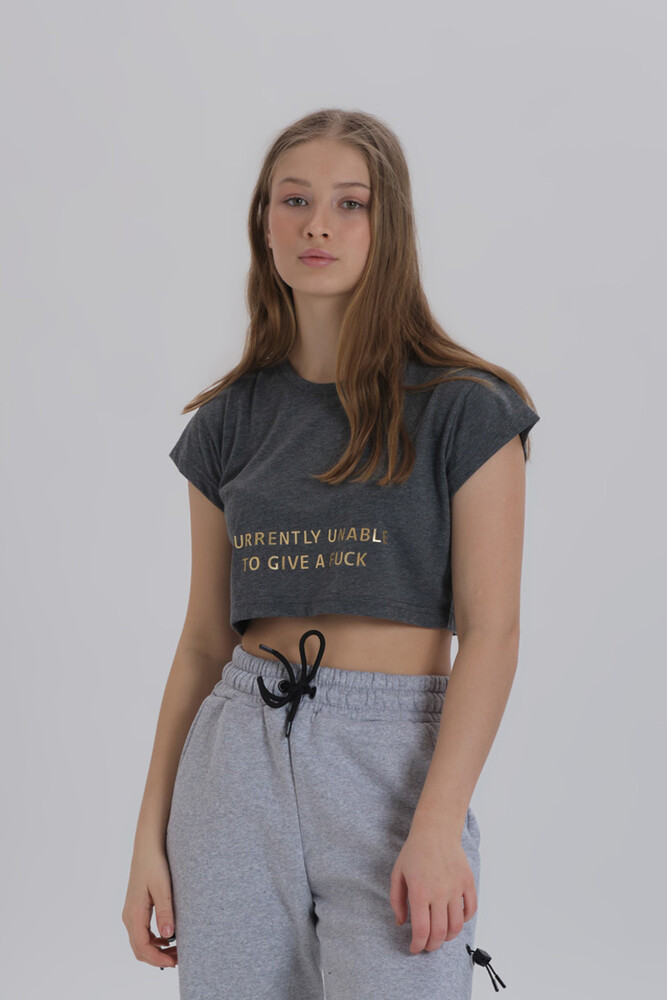 Antrasit Kadın Parlak Baskı Detay Crop T-shirt - 1