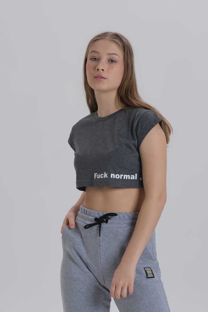 Antrasit Kadın Yan Baskı Detay Crop T-shirt 