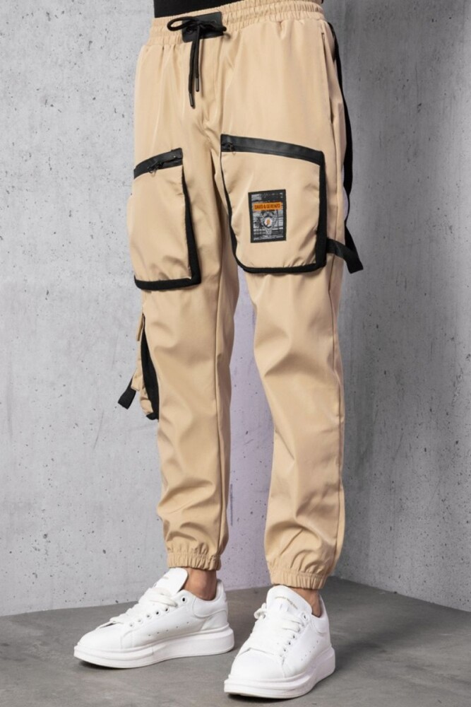 Bej Cep ve Şerit Aksesuarlı Paraşüt Kumaş Jogger Pantolon - 1