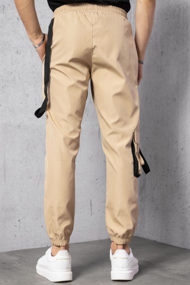 Bej Cep ve Şerit Aksesuarlı Paraşüt Kumaş Jogger Pantolon - 5