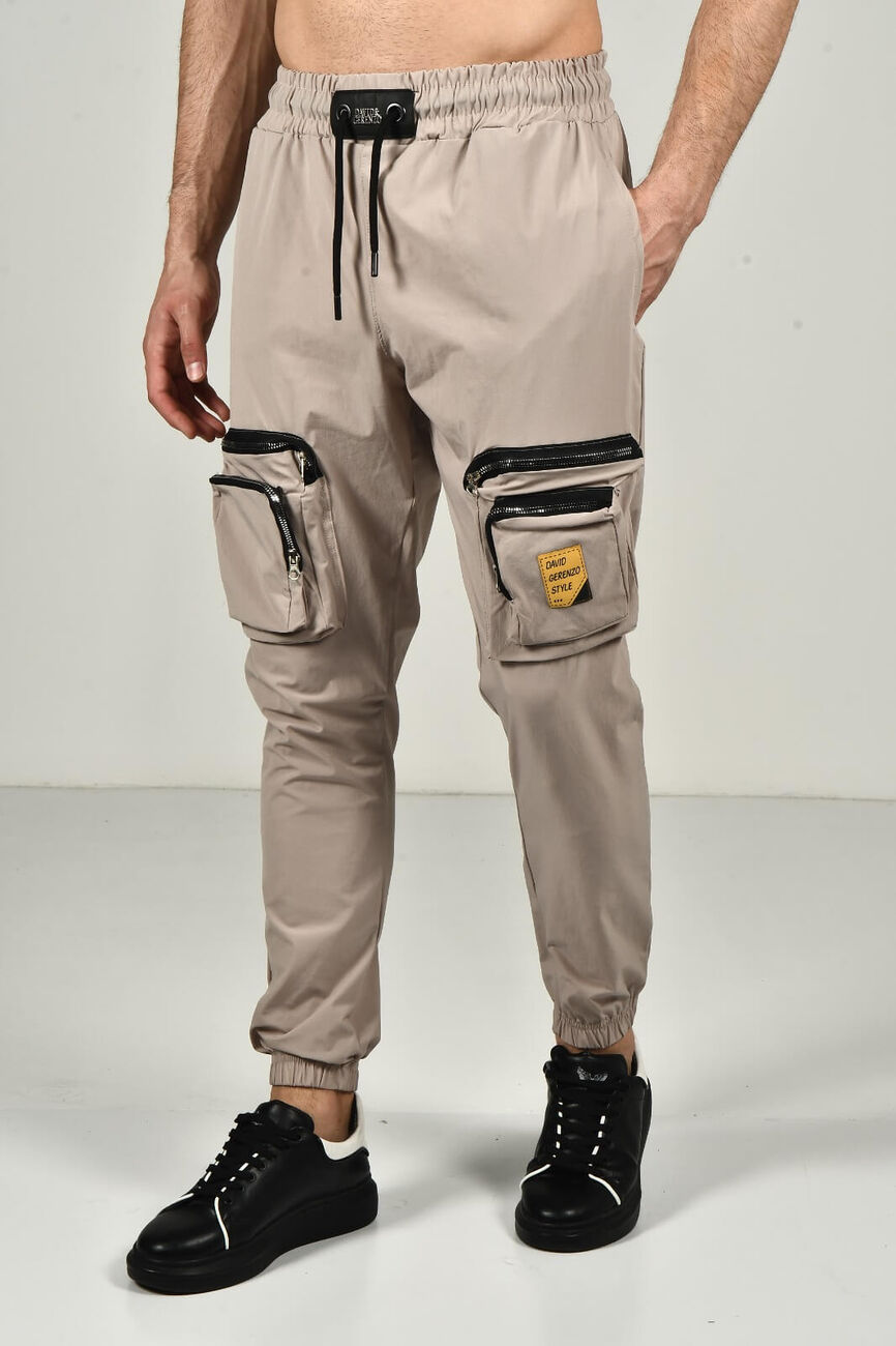 Bej Erkek Fermuarlı Cepli Paraşüt Kumaş Jogger Pantolon - 1