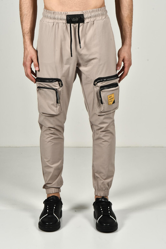 Bej Erkek Fermuarlı Cepli Paraşüt Kumaş Jogger Pantolon - 3