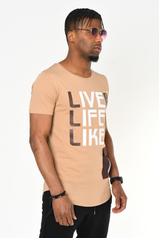 Bej Live Like Life Baskı Bisiklet Yaka Slim Fit T-shirt - 2