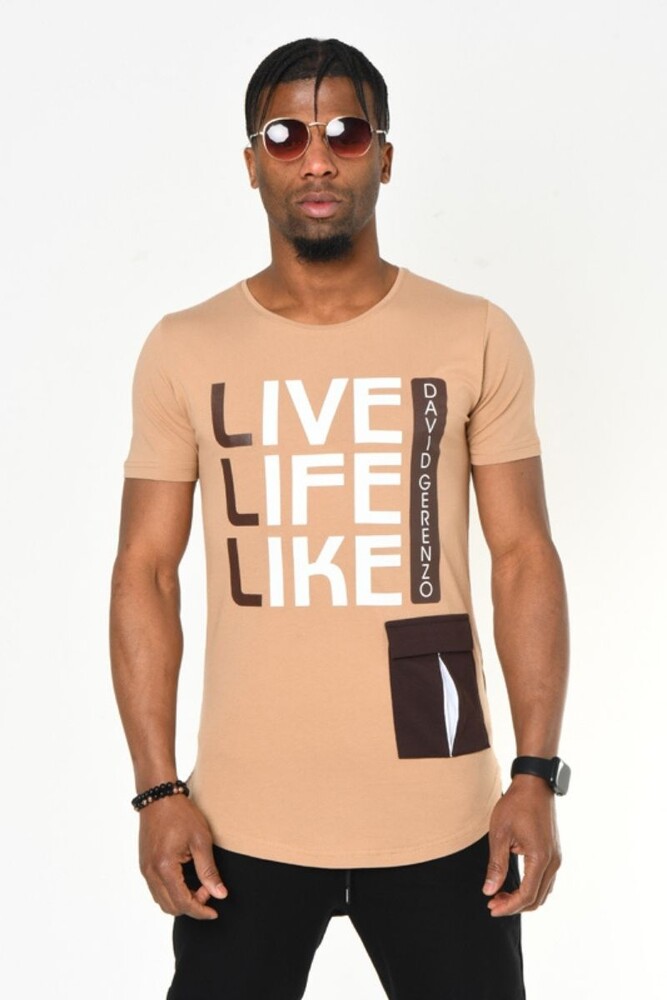 Bej Live Like Life Baskı Bisiklet Yaka Slim Fit T-shirt 