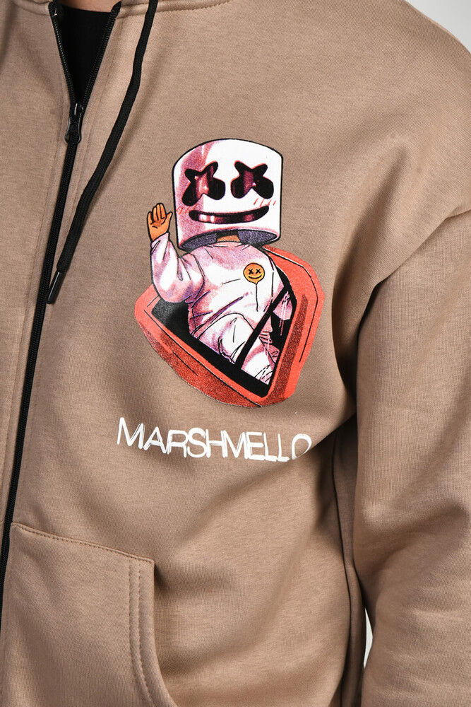 Bej Marshmello Baskılı Fermuarlı Kapüşonlu Sweatshirt - 3