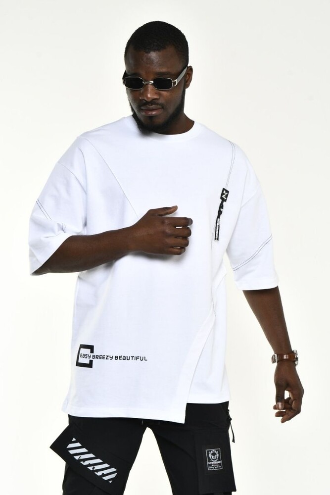 DAVID&GERENZO - Beyaz Asimetrik Kesim Oversize Kalıp T-shirt