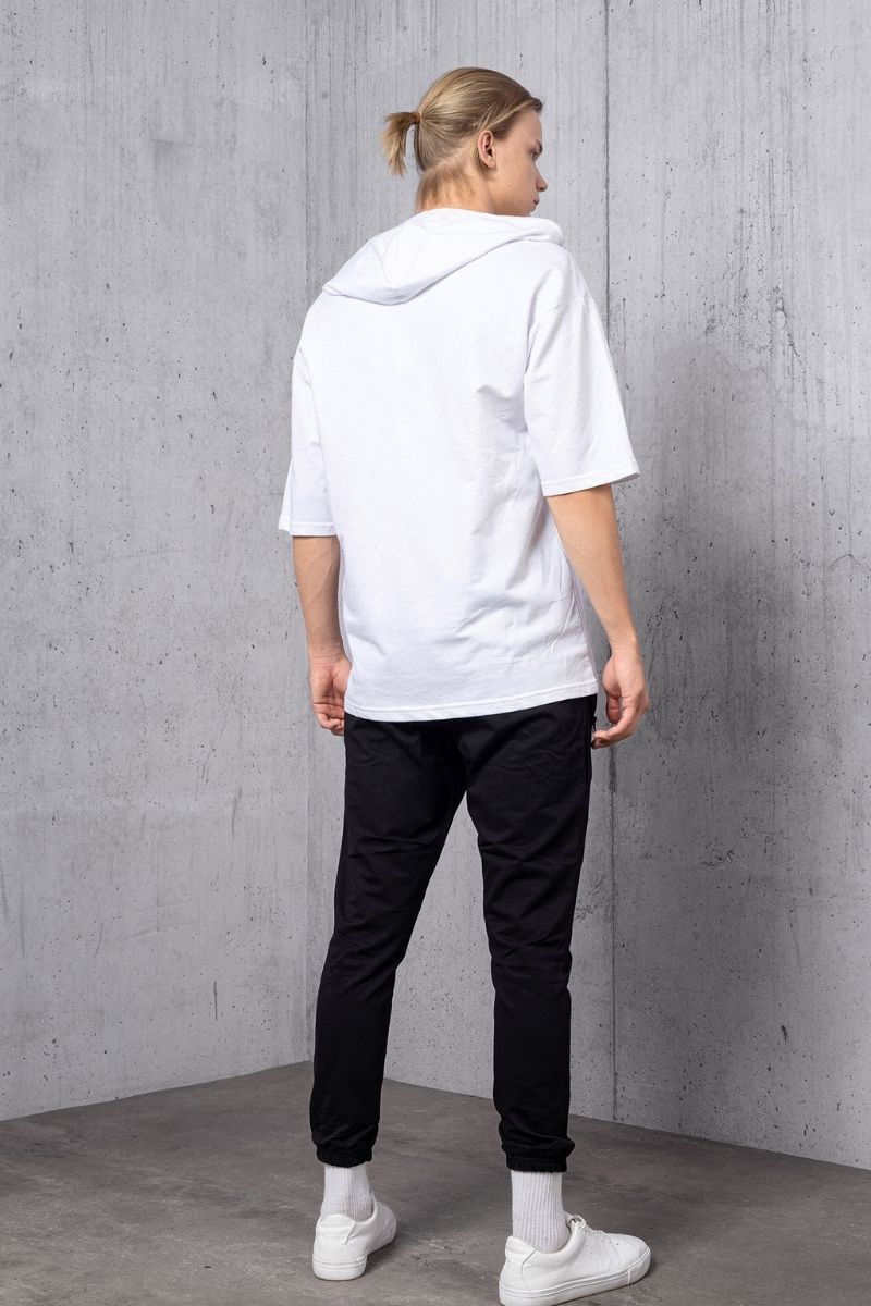 Beyaz Çapraz Bağcık Yaka Detay Kapüşonlu T-shirt - 5