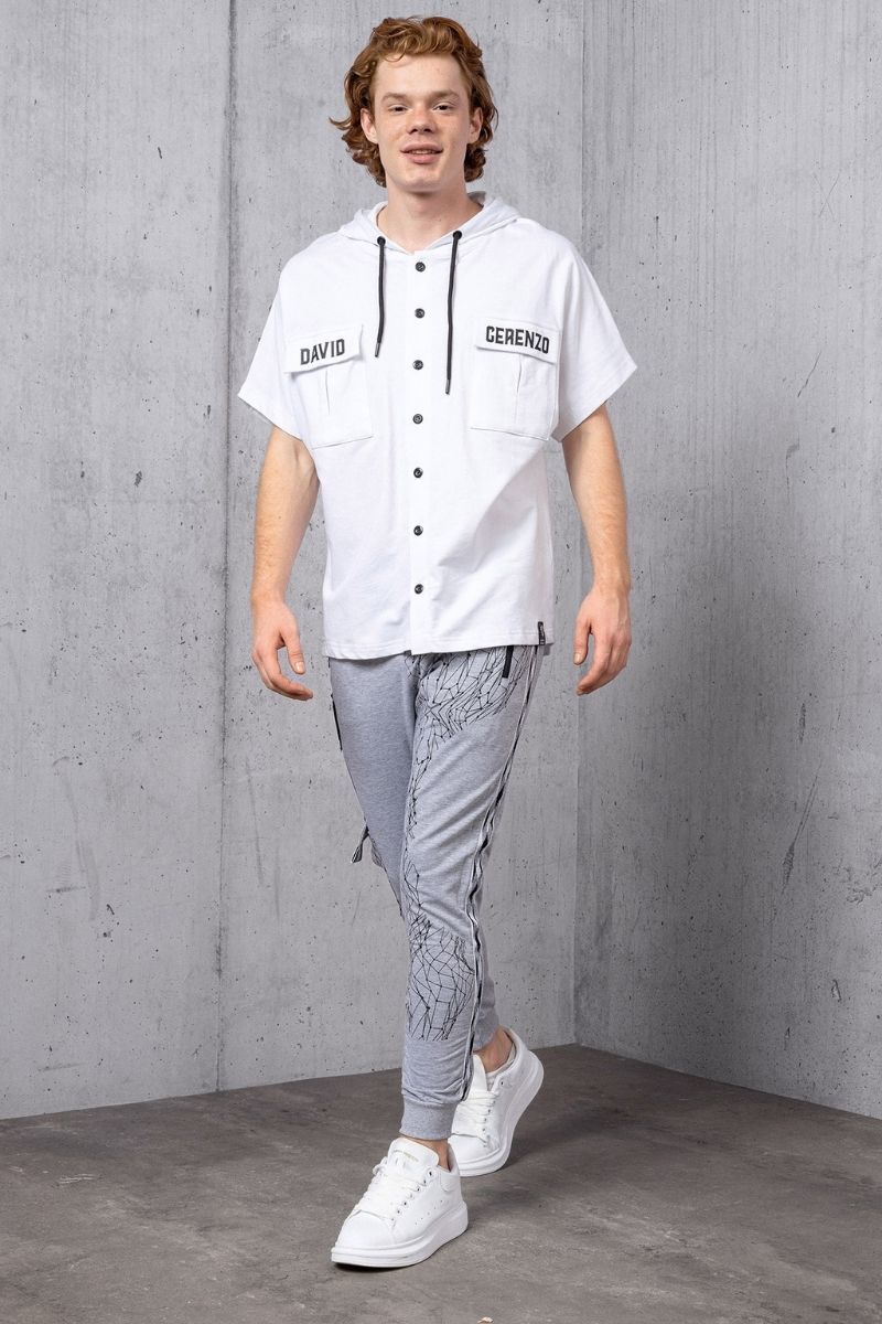 Beyaz Cep Detay Düğmeli Kapüşonlu T-shirt - 3