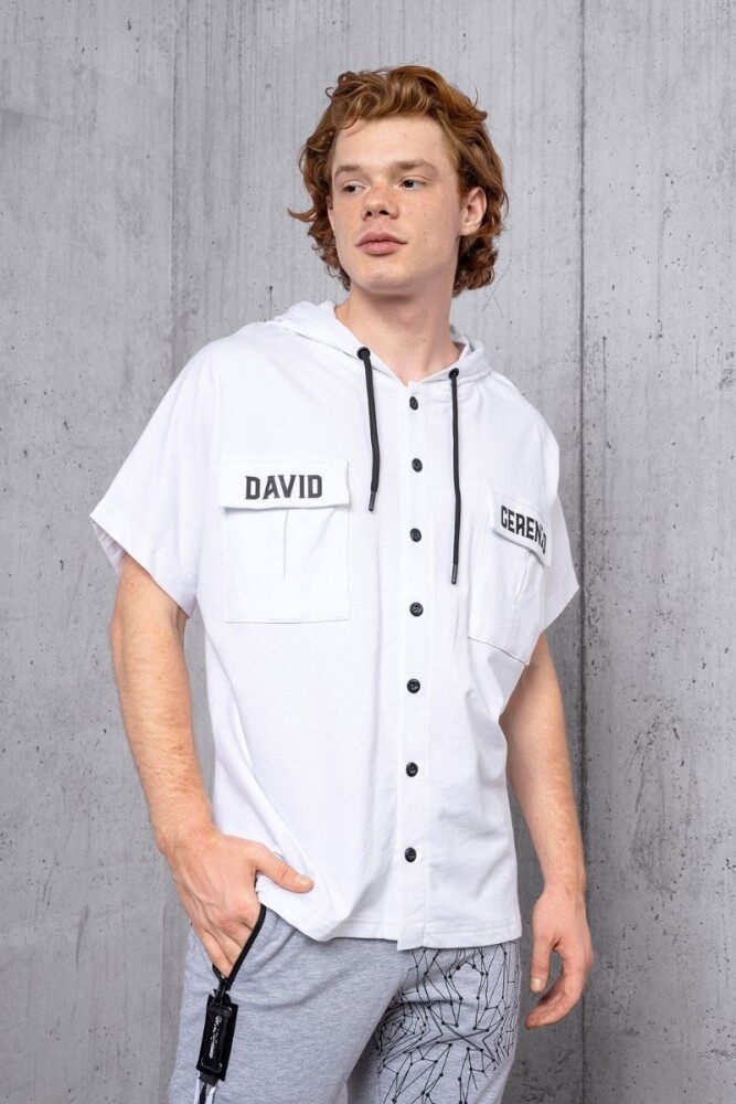 Beyaz Cep Detay Düğmeli Kapüşonlu T-shirt - DAVID&GERENZO