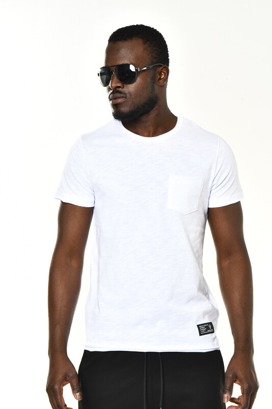 Beyaz Cepli Bisiklet Yaka Basic T-shirt - 1