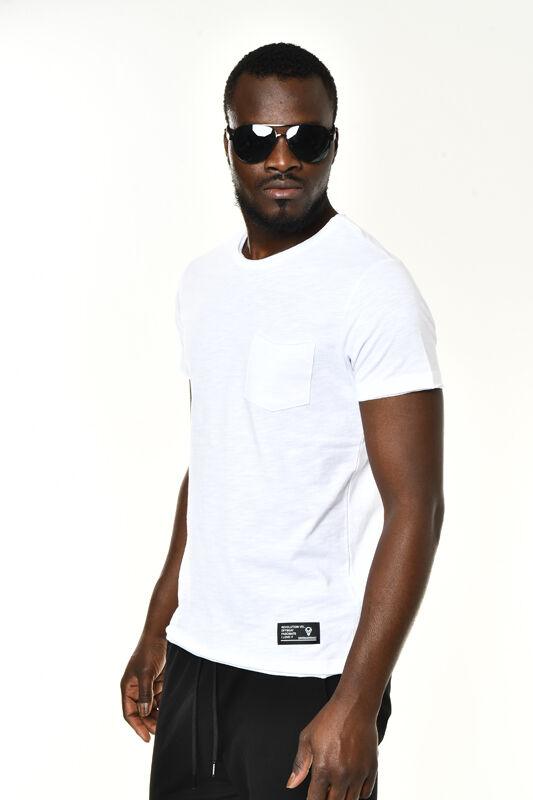 Beyaz Cepli Bisiklet Yaka Basic T-shirt - 4