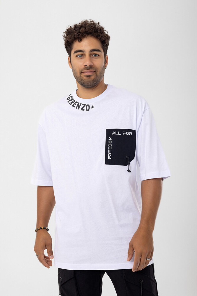 Beyaz Gerenzo Yaka ve Cep Detay Oversize Kalıp T-shirt 