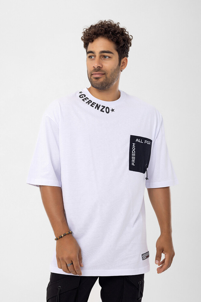 Beyaz Gerenzo Yaka ve Cep Detay Oversize Kalıp T-shirt - 4
