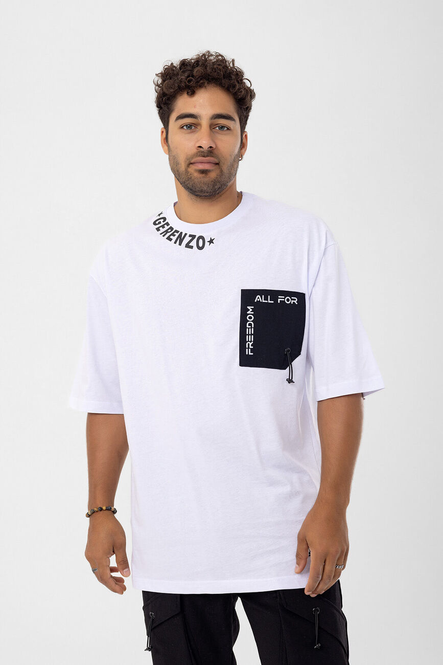 Beyaz Gerenzo Yaka ve Cep Detay Oversize Kalıp T-shirt - 6