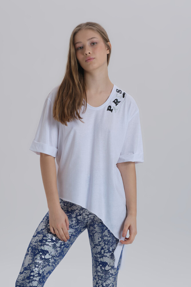 Beyaz Kadın Paris Baskı Detay Asimetrik Kesim T-shirt - DAVID&GERENZO