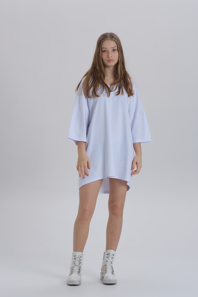 Beyaz Kadın Sırt Baskı Detay Oversize T-shirt Elbise - 1