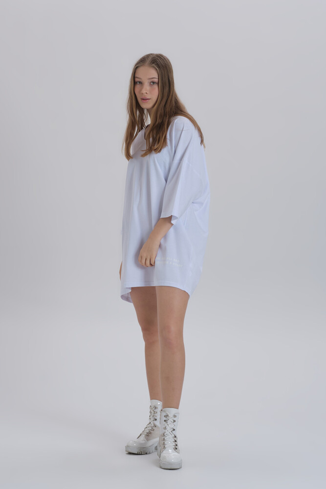 Beyaz Kadın Sırt Baskı Detay Oversize T-shirt Elbise - 2