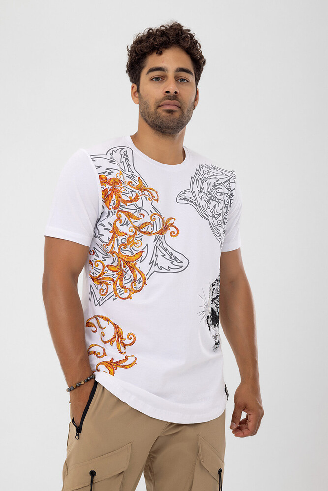 Beyaz Kaplan Taş Detay Slim Fit T-shirt - DAVID&GERENZO