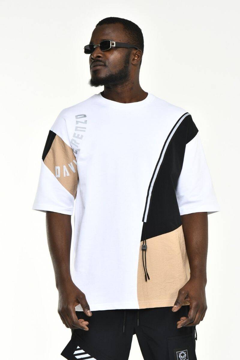 DAVID&GERENZO - Beyaz Kumaş Mixli Oversize Kalıp T-shirt