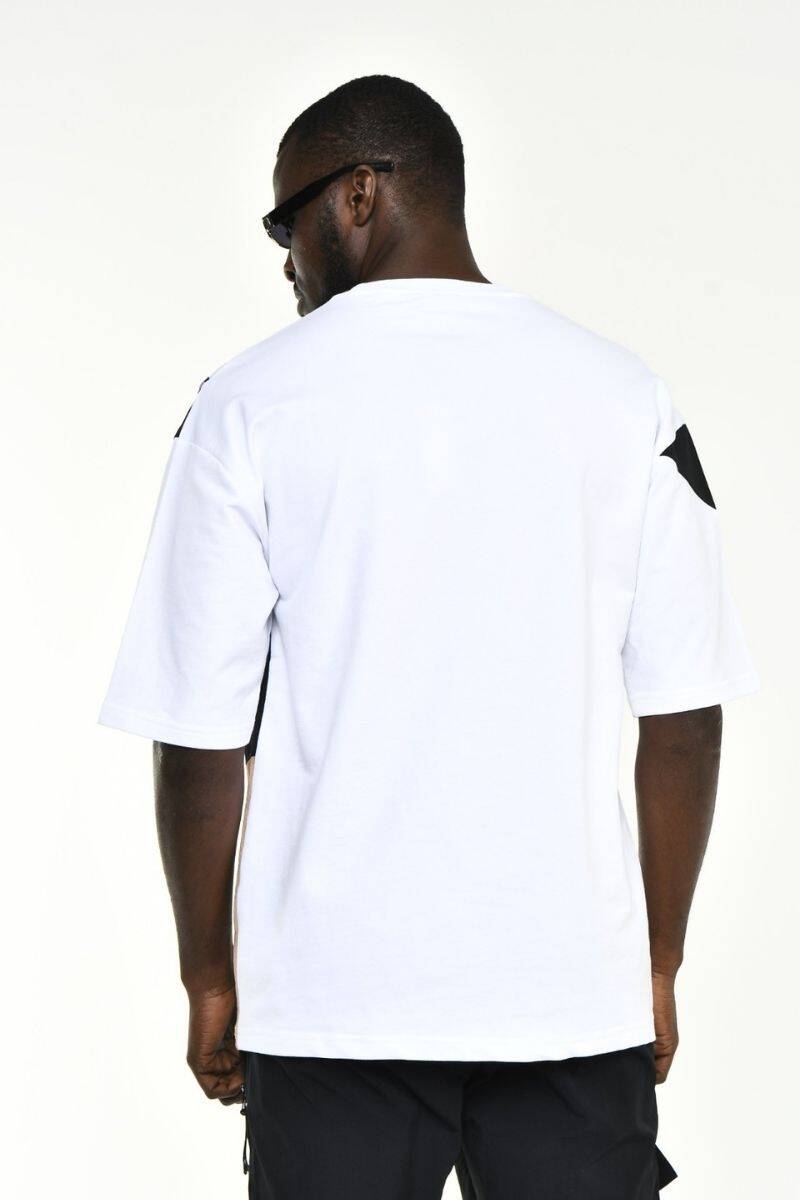 Beyaz Kumaş Mixli Oversize Kalıp T-shirt - Thumbnail