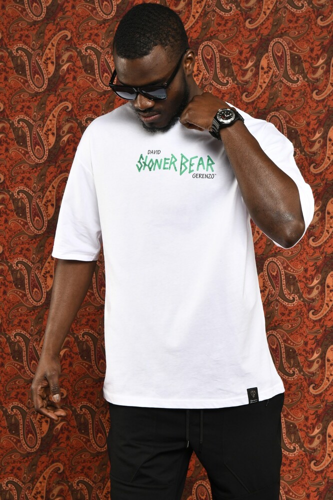 Beyaz Stoner Bear Baskılı Oversize T-shirt - 6