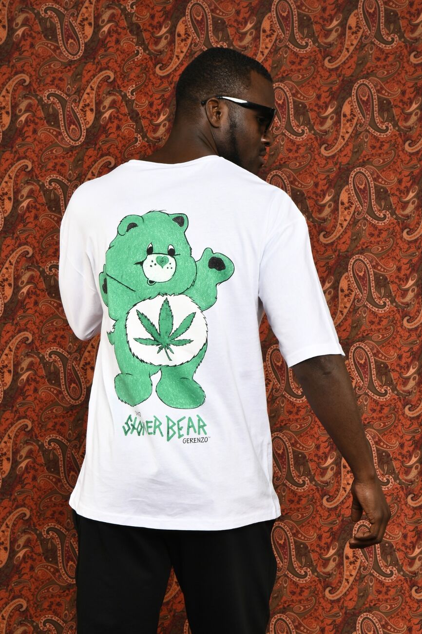 Beyaz Stoner Bear Baskılı Oversize T-shirt - 1
