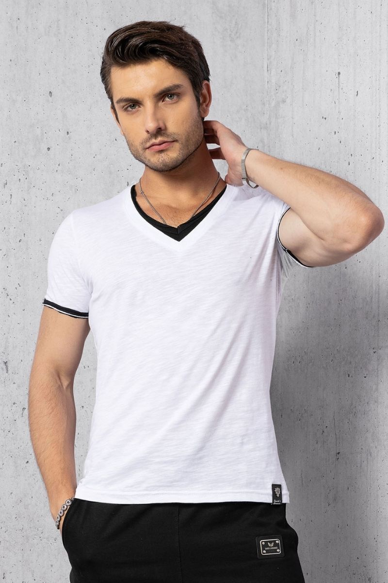 Beyaz V Yaka Basic T-shirt - 4