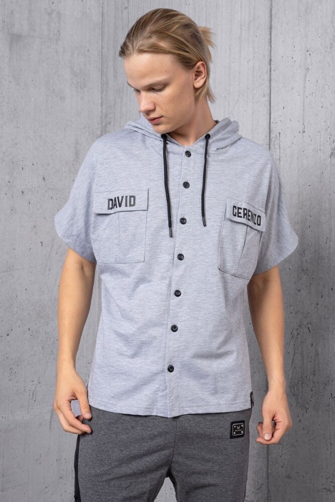 Gri Cep Detay Düğmeli Kapüşonlu T-shirt - DAVID&GERENZO