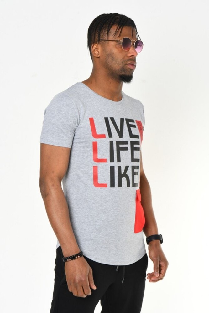 Gri Live Like Life Baskı Bisiklet Yaka Slim Fit T-shirt - 4
