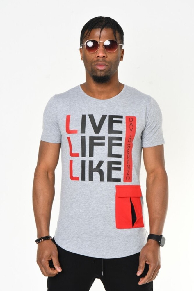Gri Live Like Life Baskı Bisiklet Yaka Slim Fit T-shirt - 1