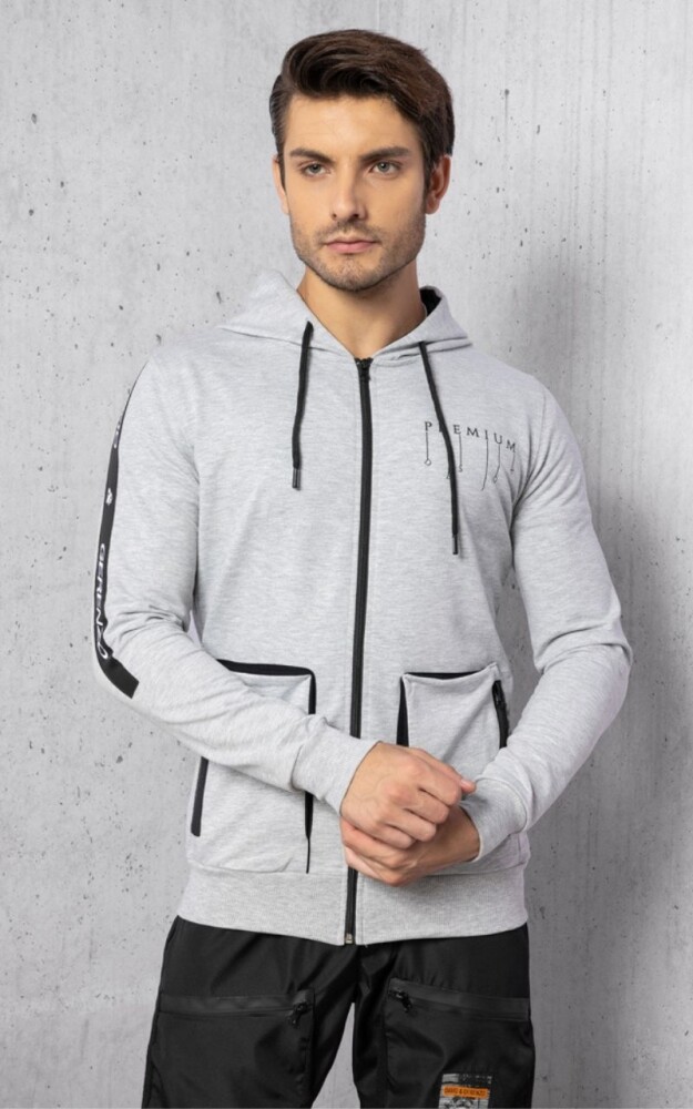 Gri Premium Cep Detay Fermuarlı İki İplik Kapüşonlu Sweatshirt 