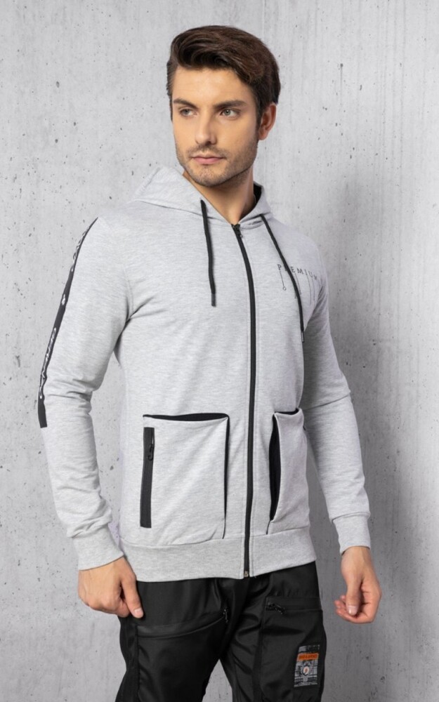 Gri Premium Cep Detay Fermuarlı İki İplik Kapüşonlu Sweatshirt - 3