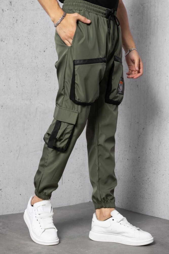 Haki Cep ve Şerit Aksesuarlı Paraşüt Kumaş Jogger Pantolon - 3