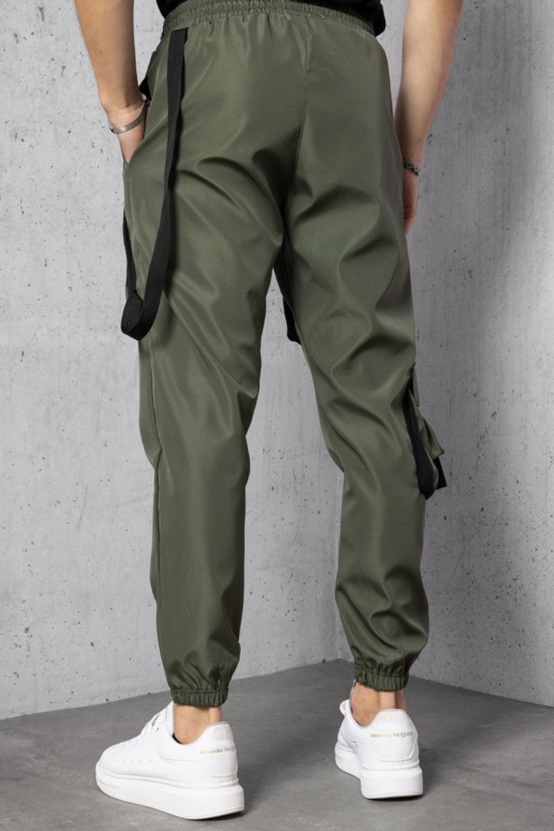 Haki Cep ve Şerit Aksesuarlı Paraşüt Kumaş Jogger Pantolon - 5