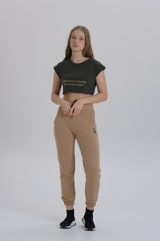 Haki Kadın Parlak Baskı Detay Crop T-shirt - DAVID&GERENZO (1)