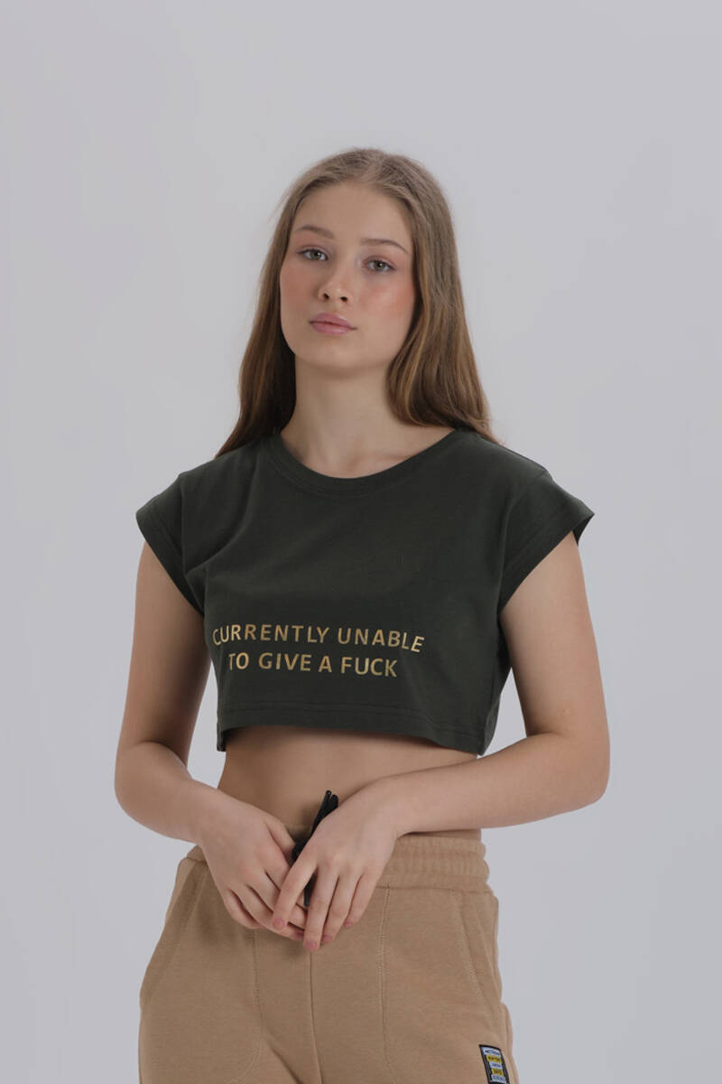 DAVID&GERENZO - Haki Kadın Parlak Baskı Detay Crop T-shirt