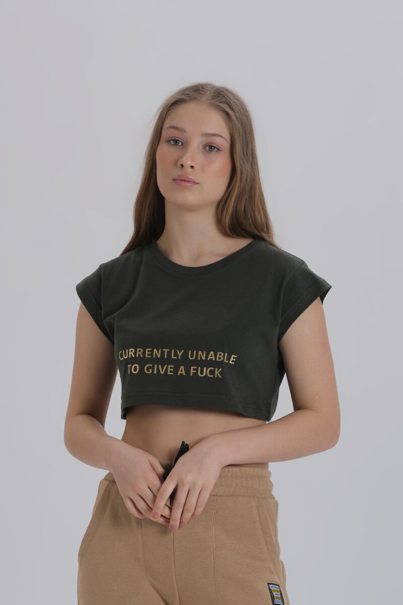Haki Kadın Parlak Baskı Detay Crop T-shirt - 1
