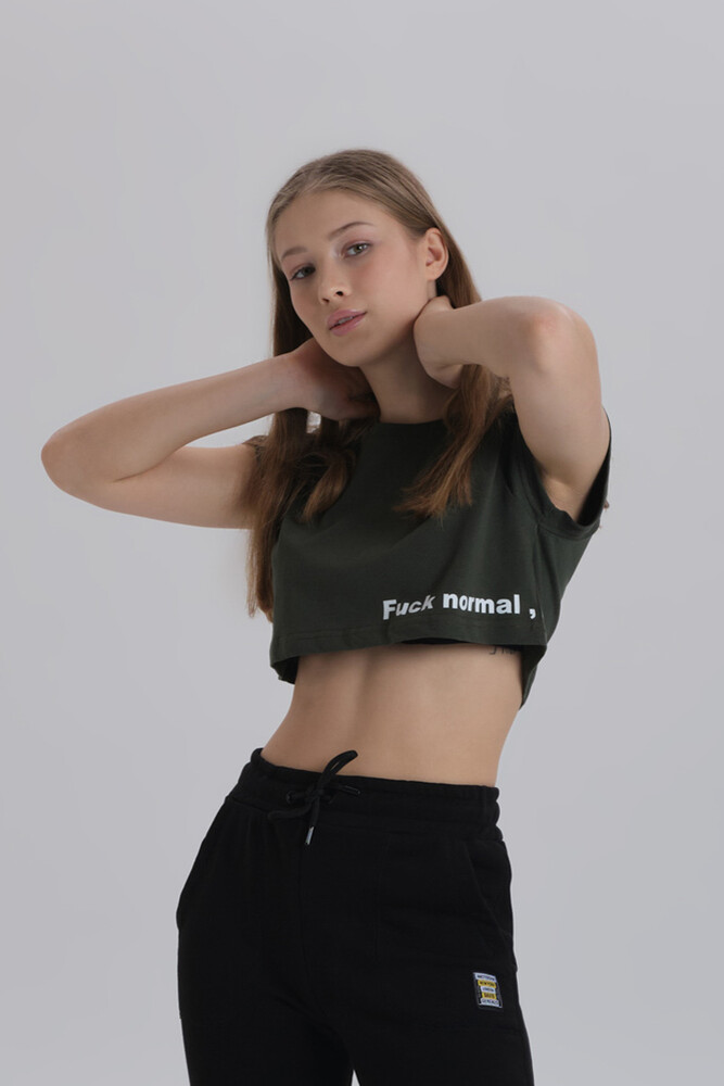 Haki Kadın Yan Baskı Detay Crop T-shirt - 2