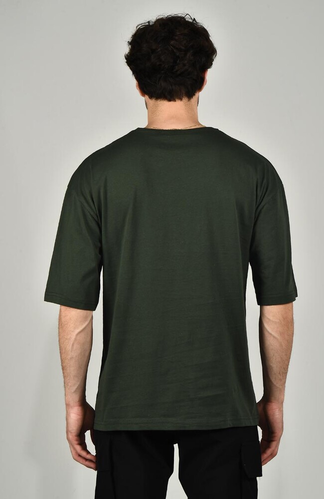 Haki Kuru Kafa Logo ve Cep Detaylı Oversize T-shirt - 5
