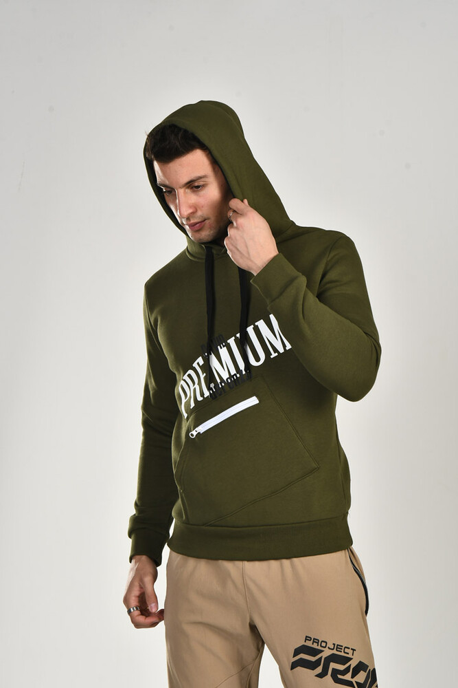 Haki Premium Baskı Detaylı Kapüşonlu Sweatshirt - 2
