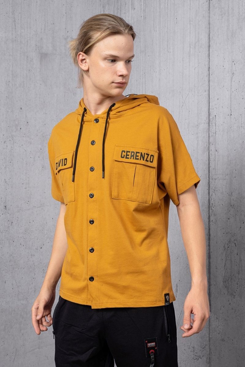 Hardal Cep Detay Düğmeli Kapüşonlu T-shirt - 2