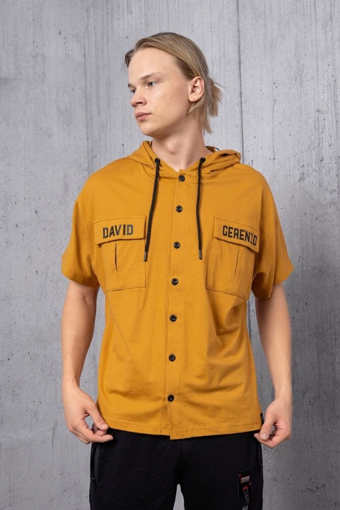 Hardal Cep Detay Düğmeli Kapüşonlu T-shirt - DAVID&GERENZO