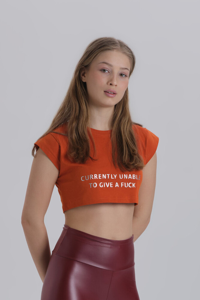 Kiremit Kadın Parlak Baskı Detay Crop T-shirt - DAVID&GERENZO