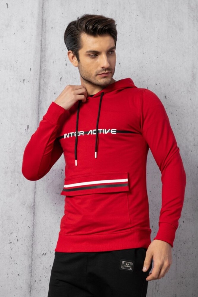 Kırmızı Active Baskı Cep Detay İki İplik Kapüşonlu Sweatshirt 