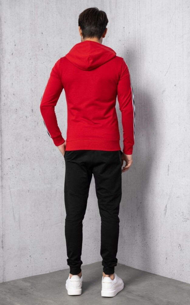 Kırmızı Çapraz Şerit ve Fermuarlı İki İplik Kapüşonlu Sweatshirt - 6