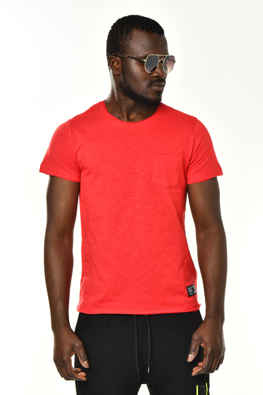 Kırmızı Cepli Bisiklet Yaka Basic T-shirt - 1