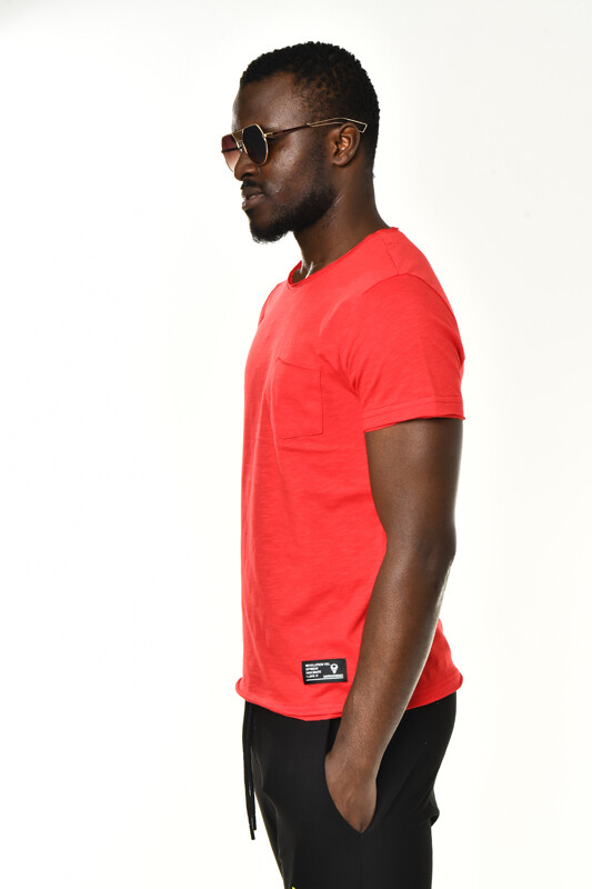 Kırmızı Cepli Bisiklet Yaka Basic T-shirt - 3