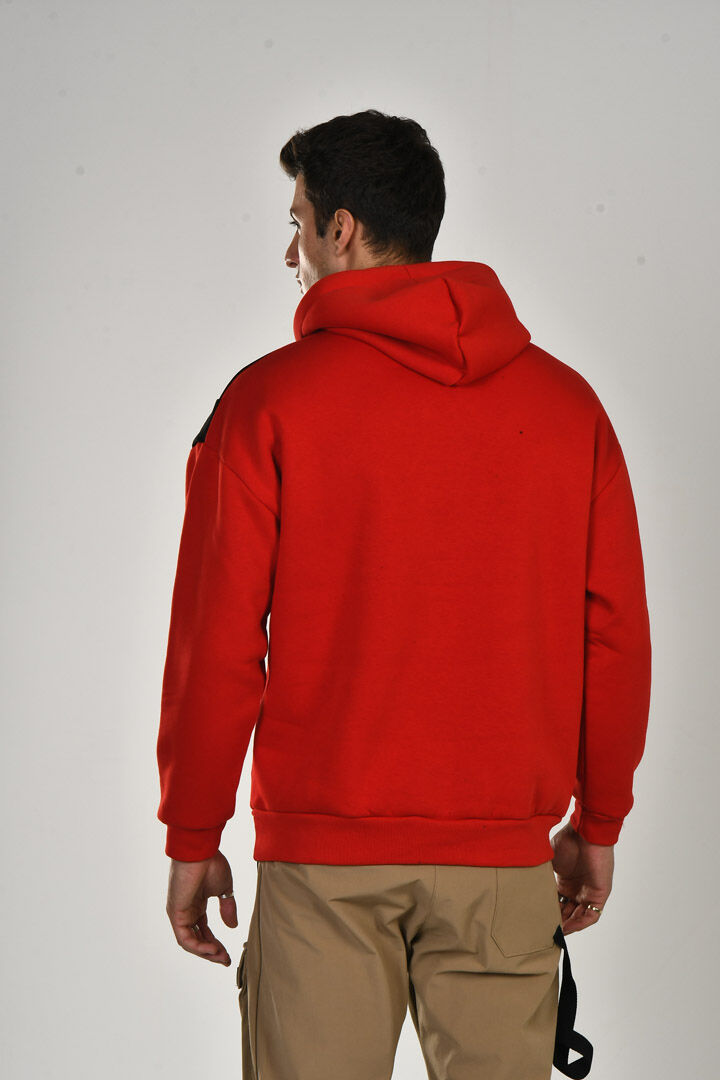 Kırmızı Erkek Baskılı Kapüşonlu Sweatshirt - 5