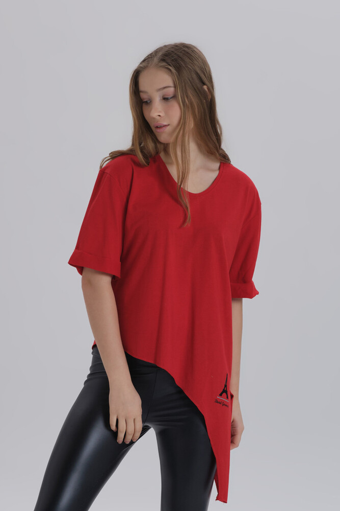 Kırmızı Kadın Eiffel Baskı Detay Asimetrik Kesim T-shirt - 2
